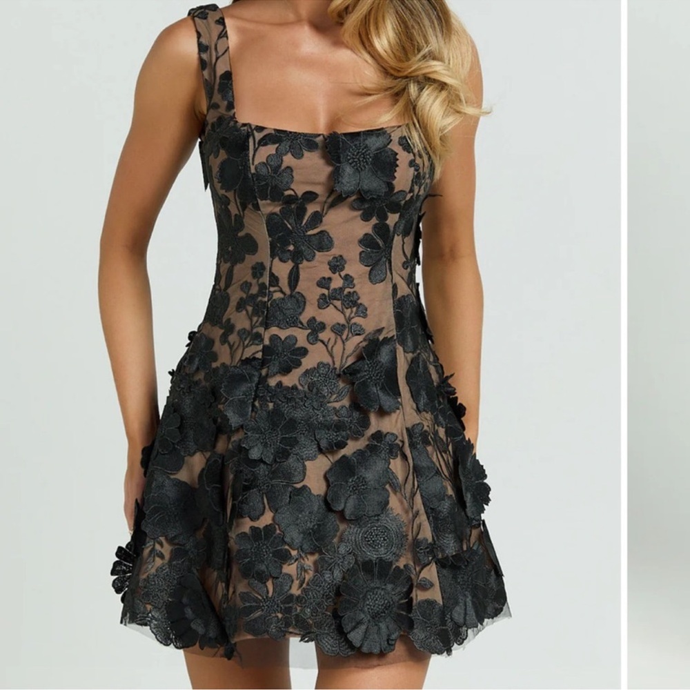 Showpo Black Floral Appliqué Mini Dress